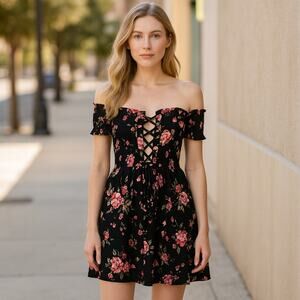 Floral Black Dress Off Shoulder Lace Up